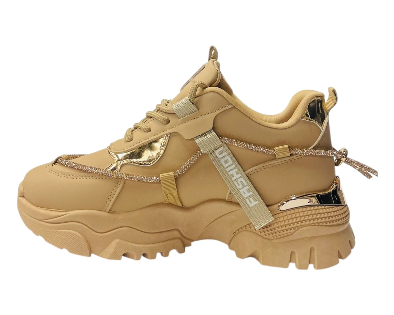 Chunky Sole Diamante Lace Up Faux Leather Trainers