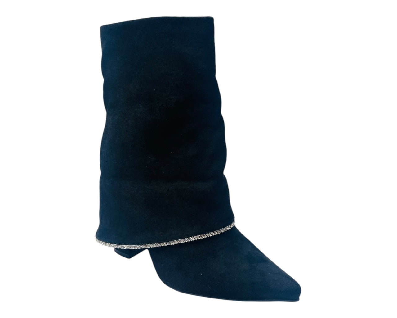 Block Heel Fold Over Rhinestone Ankle Boots