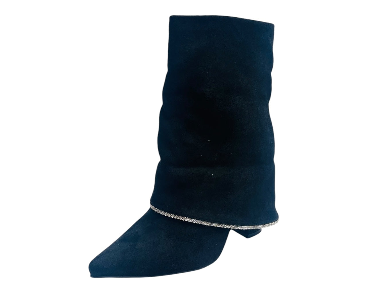 Block Heel Fold Over Rhinestone Ankle Boots