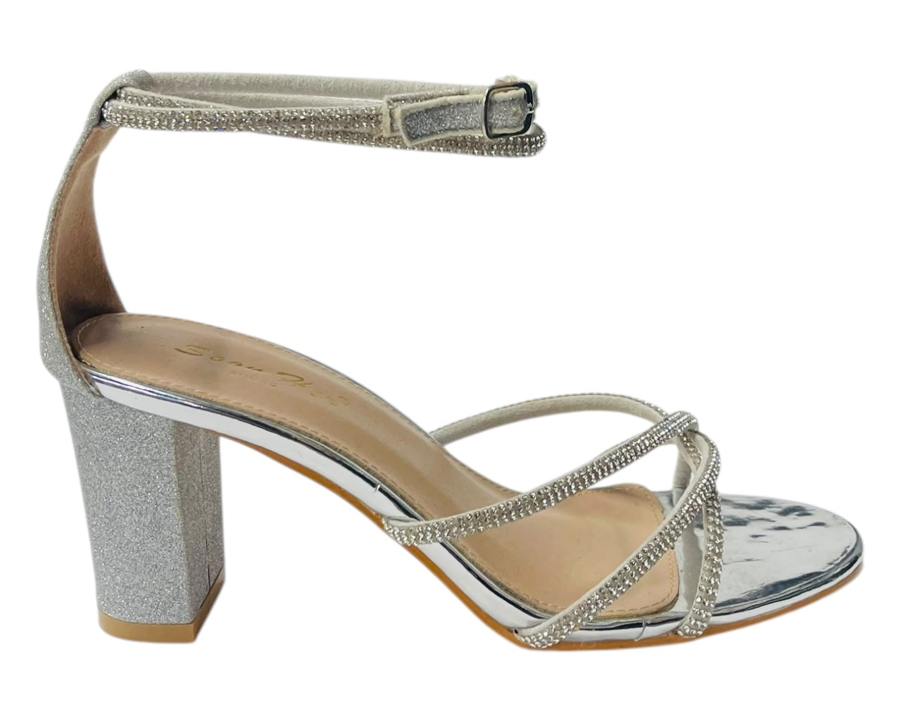 Crossover Block Heel Diamante Strappy Shoes