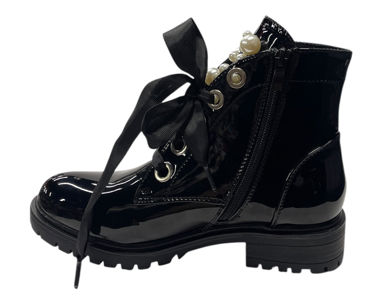 Faux Patent Leather Thick Lace Pearls Ankle Boots
