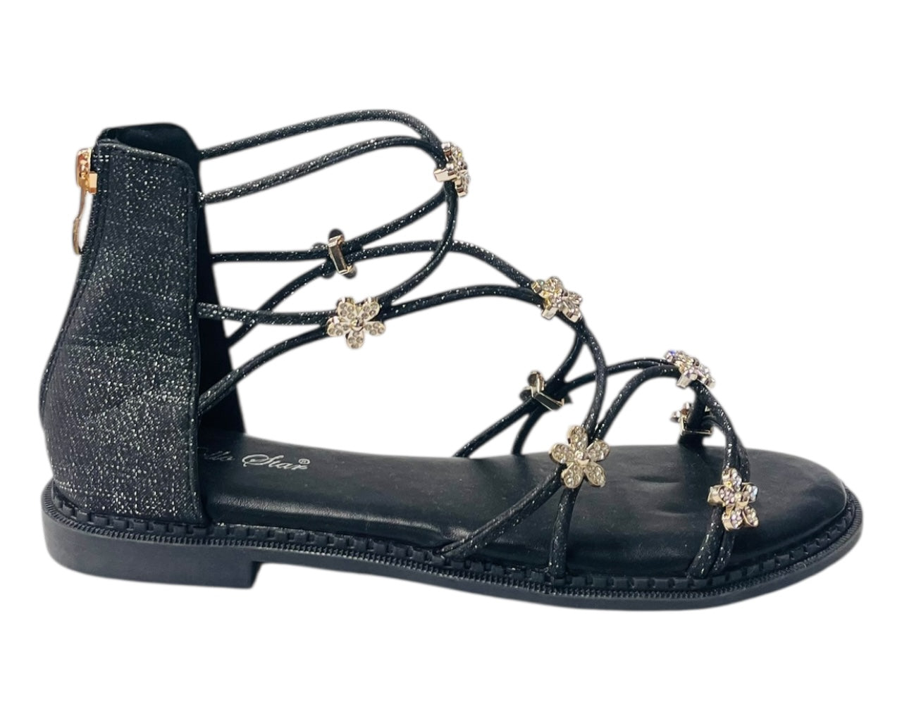 Strass Flowers Flat Zip Sandals