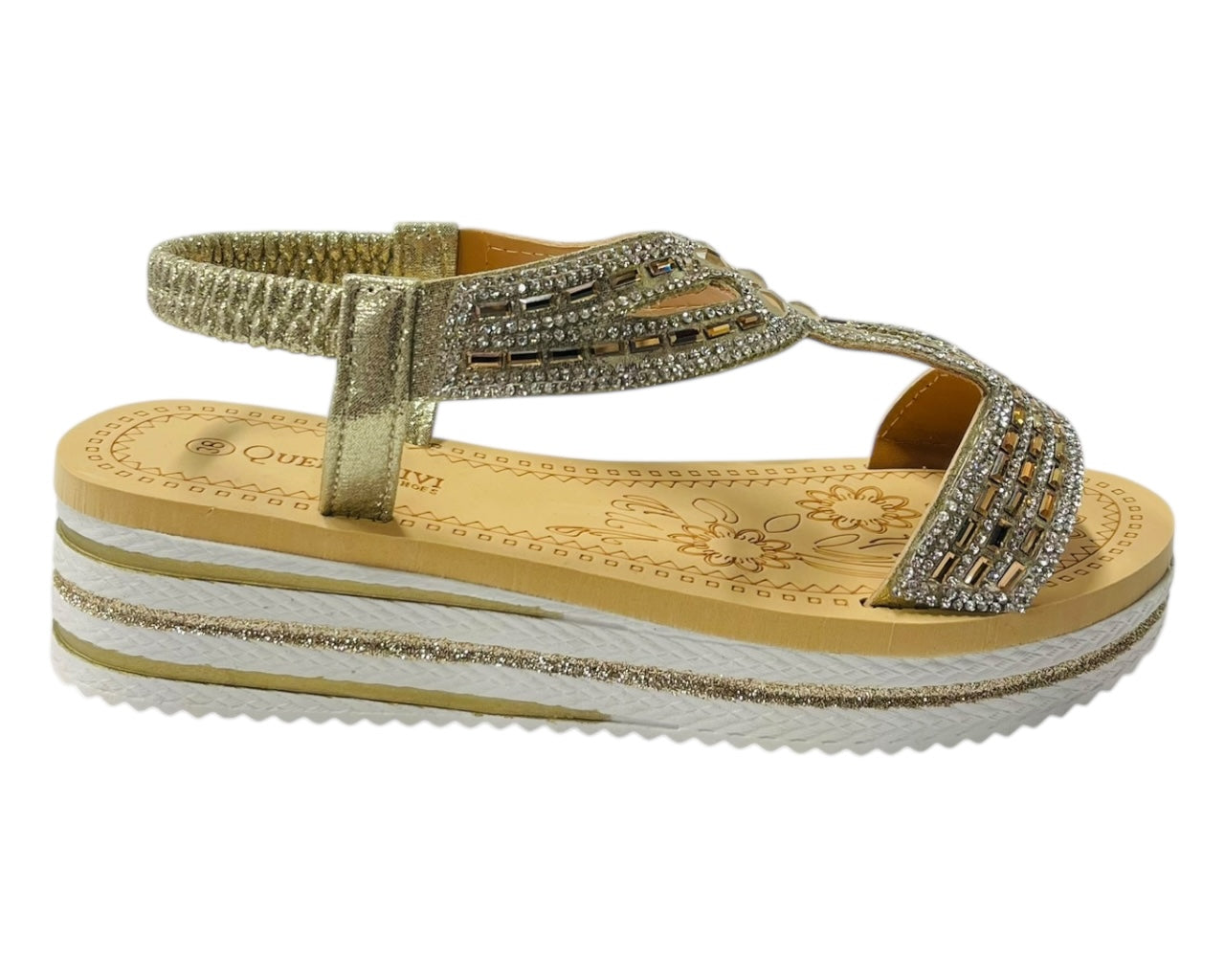 Elastic Ankle Strap Diamante Wedge Sandals