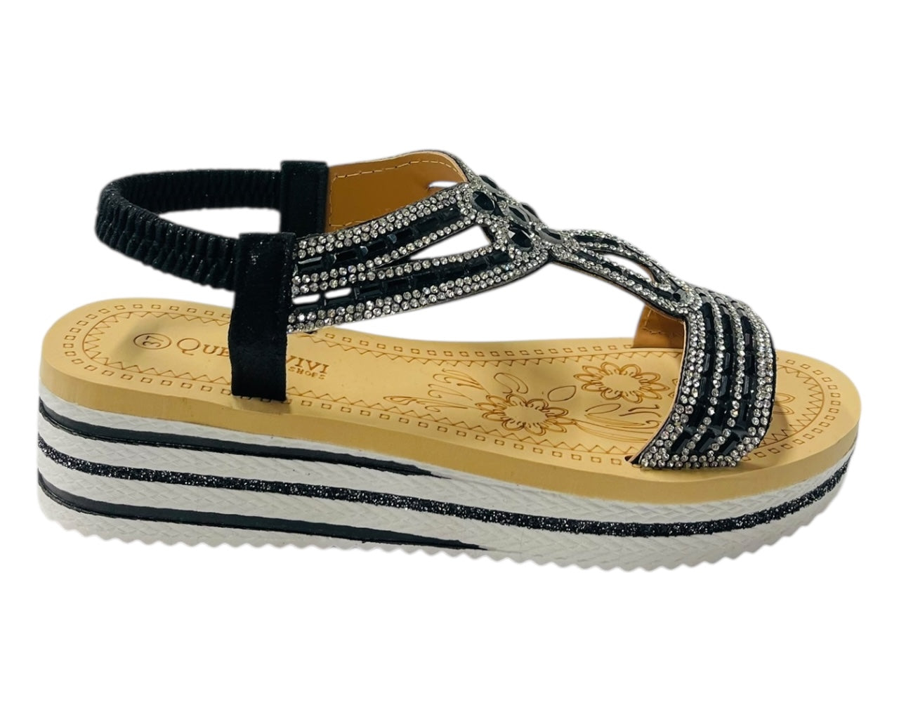 Elastic Ankle Strap Diamante Wedge Sandals