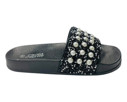 Rhinestone Embellished Flat Slide Sandals