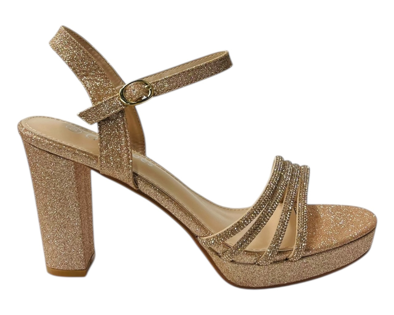 Diamante Block Heel Glitter Ankle Strap Shoes