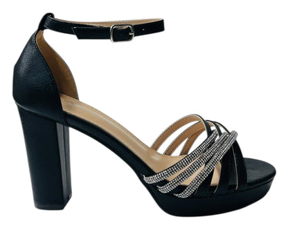Diamante Block Heel Glitter Crossover Strap Shoes