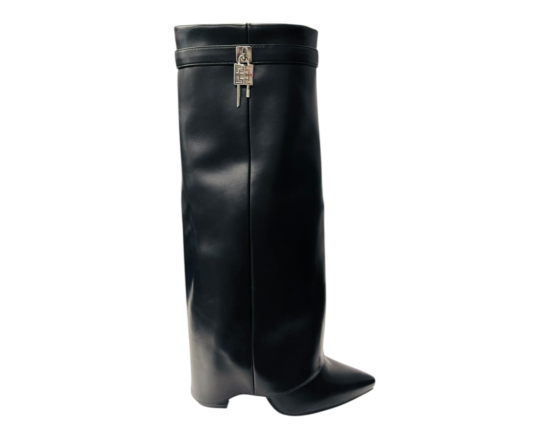 Padlock Details Knee High Fold Over Block Heel Boots
