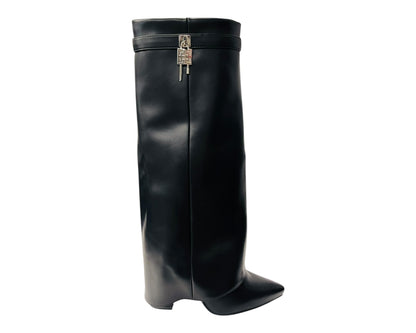 Padlock Details Knee High Fold Over Block Heel Boots