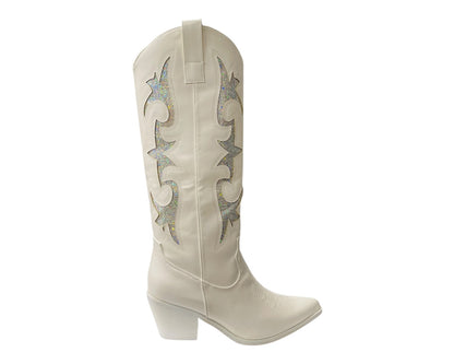 Faux Leather Sequins Embroidery Cowboy Boots