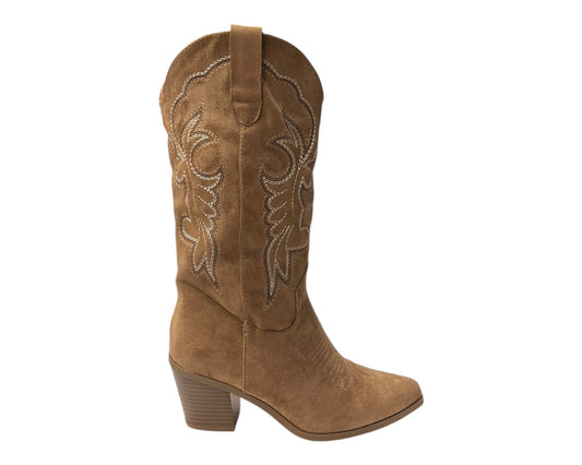 Embroidered Faux Suede Cowboy Mid Calf Boots