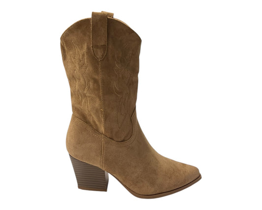 Embroidered Faux Suede Cowboy Ankle Boots