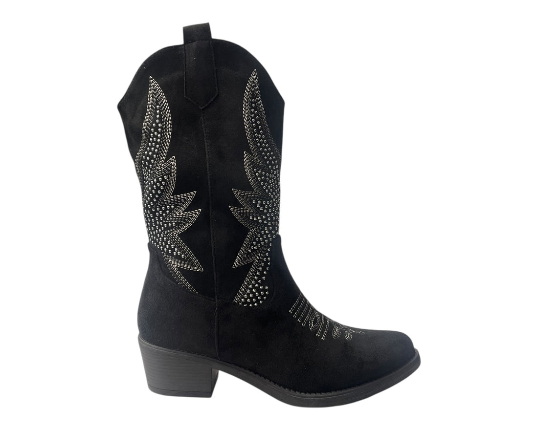 Faux Suede Embroidered Cowboy Ankle Boots