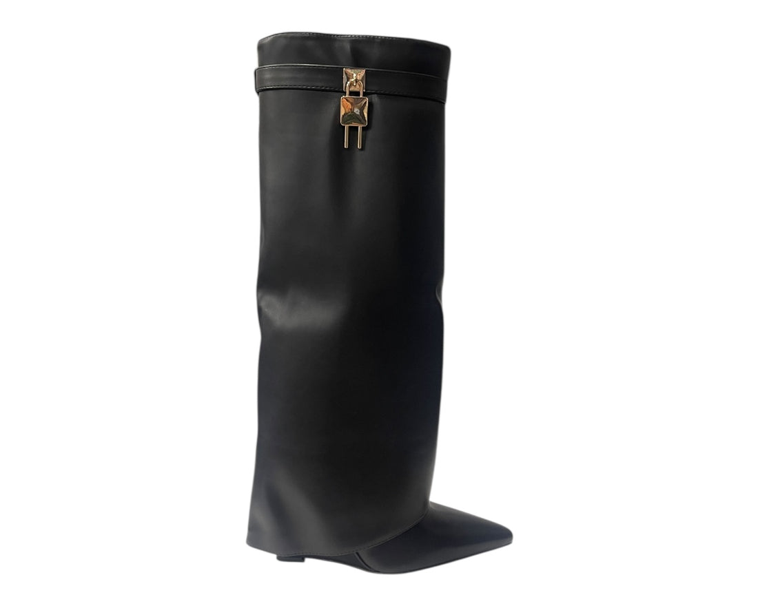 Faux Leather Padlock Knee High Fold Over Wedge Heel Boots