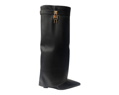 Faux Leather Padlock Knee High Fold Over Wedge Heel Boots