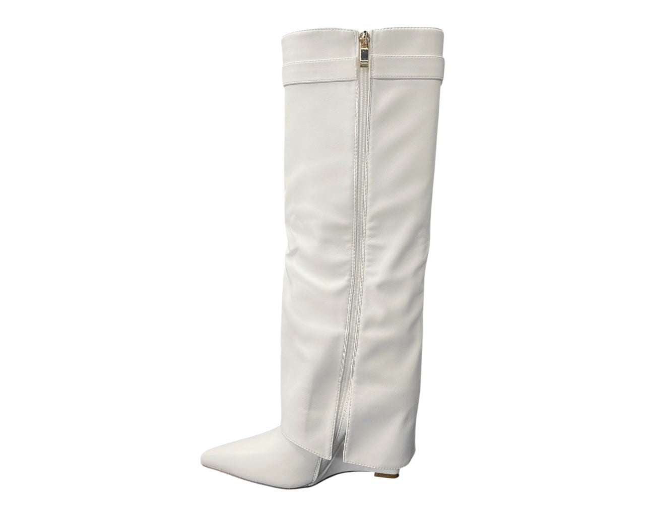 Faux Leather Padlock Knee High Fold Over Wedge Heel Boots