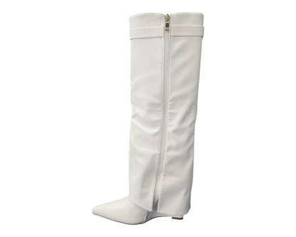 Faux Leather Padlock Knee High Fold Over Wedge Heel Boots