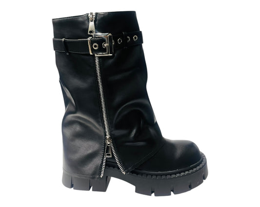 Chunky Sole Mid Calf Zip Fold Over Biker Boots