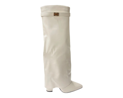 Knee High Faux Leather Fold Over Block Heel Boots