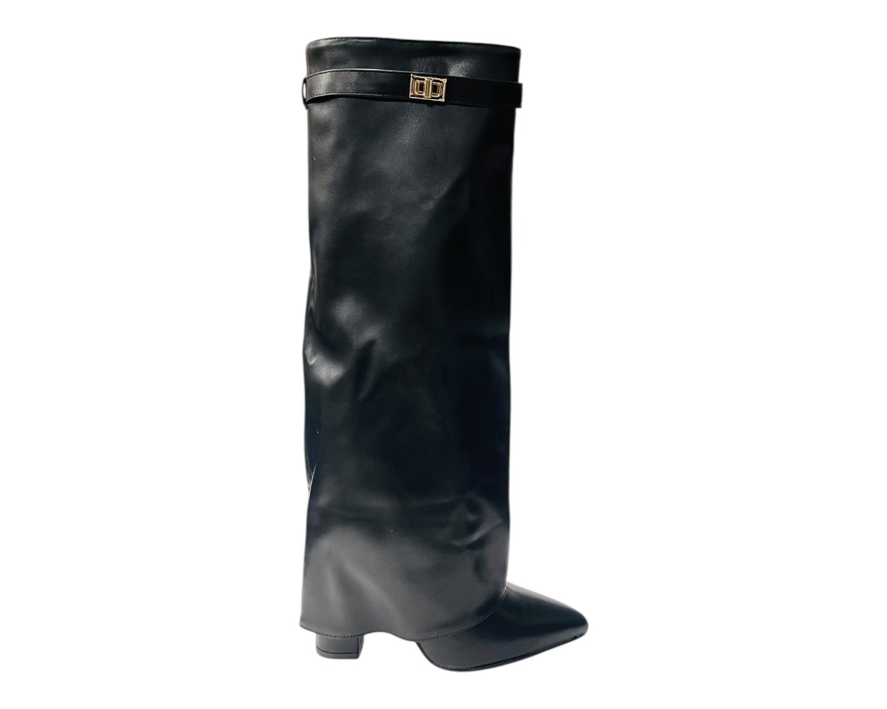 Knee High Faux Leather Fold Over Block Heel Boots