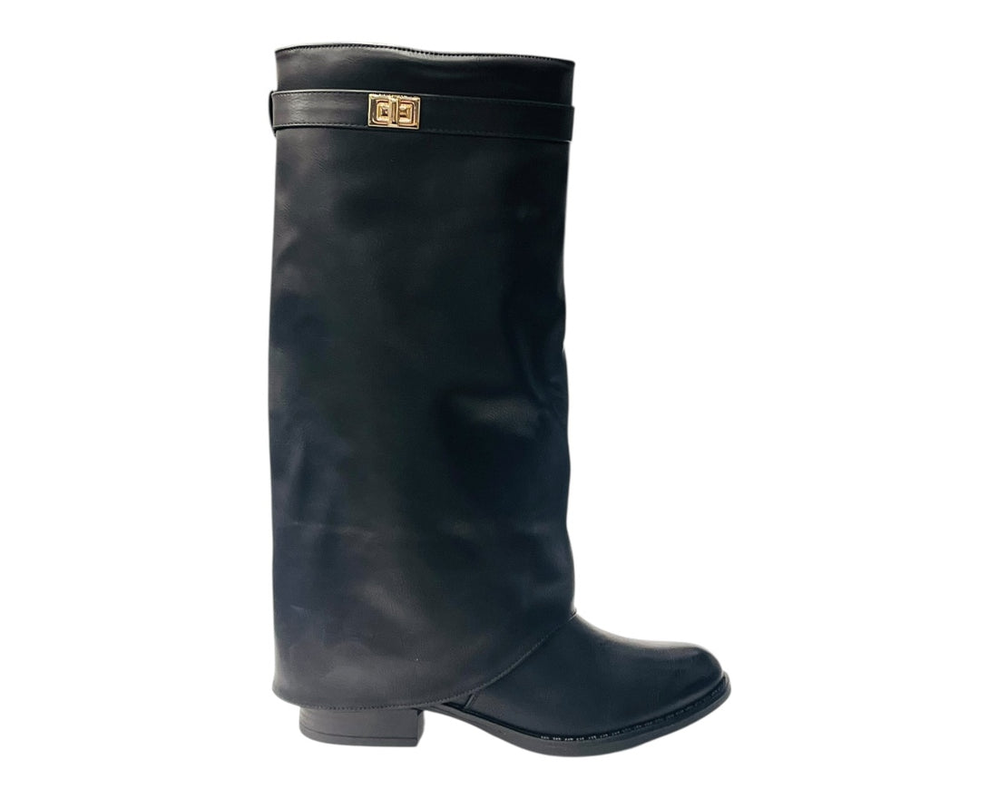 Knee High Faux Leather Fold Over Flat Sole Boots