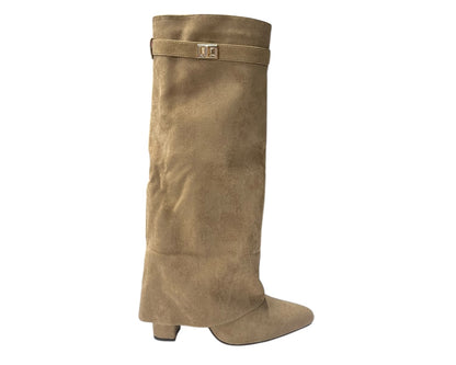 Knee High Faux Suede Fold Over Block Heel Boots