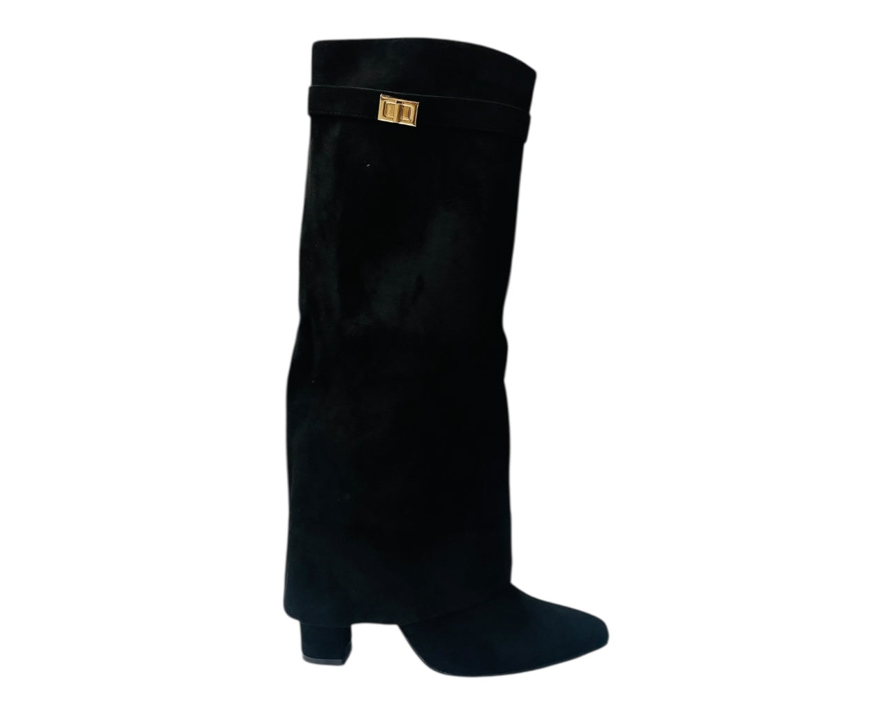 Knee High Faux Suede Fold Over Block Heel Boots