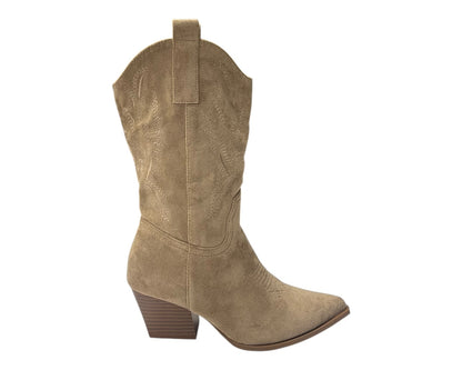 Mid Calf Embroidered Faux Suede Cowboy Boots