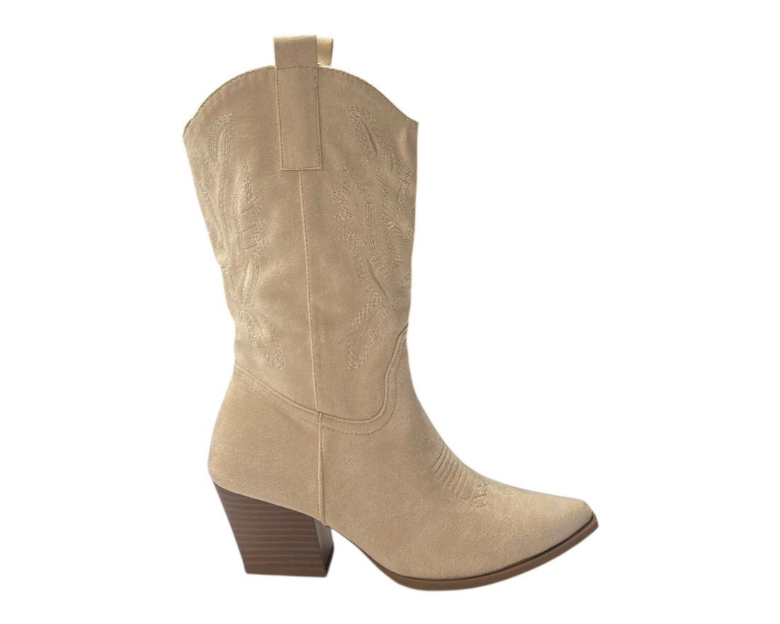 Mid Calf Embroidered Faux Suede Cowboy Boots