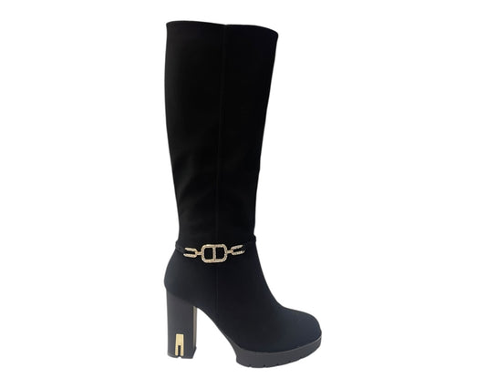 Block Heels Zip Diamante Knee High Boots