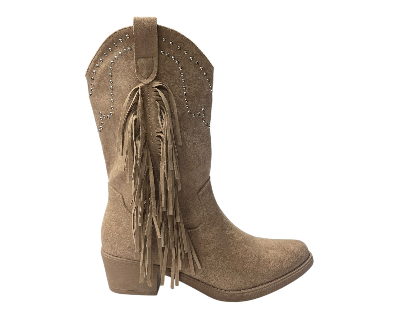 Mid Calf Stud Fringe Faux Suede Cowboy Boots