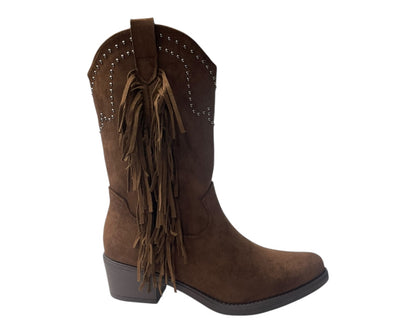 Mid Calf Stud Fringe Faux Suede Cowboy Boots