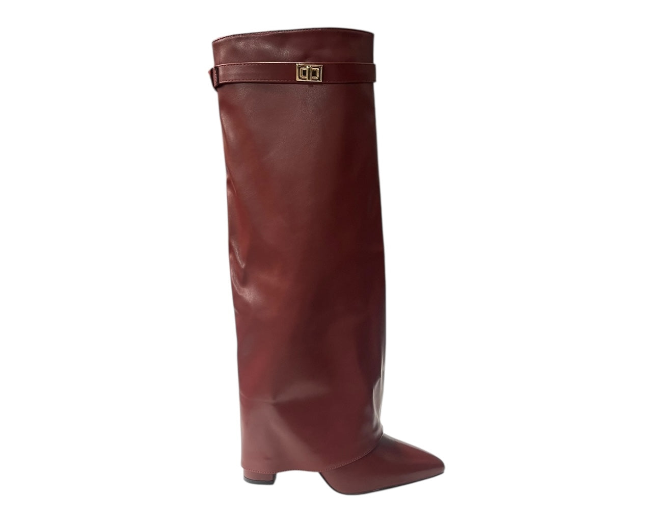 Knee High Faux Leather Fold Over Block Heel Boots