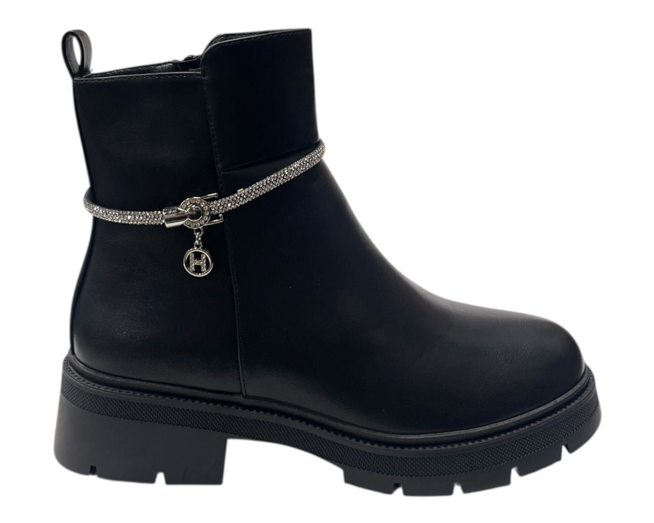 Chunky Sole Rhinestone Faux Leather Zip Boots