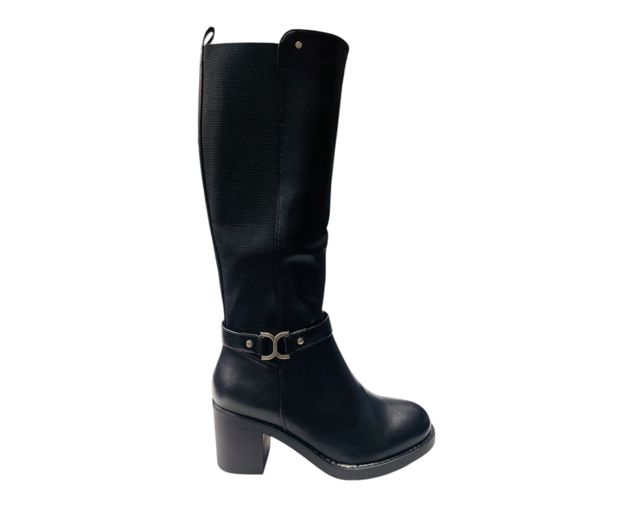 Faux Leather Stretch Panel Zip Knee High Boots