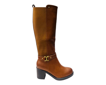 Faux Leather Stretch Panel Zip Knee High Boots