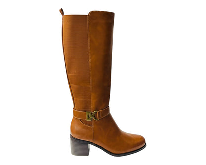 Faux Leather Elastic Panel Zip Knee High Boots