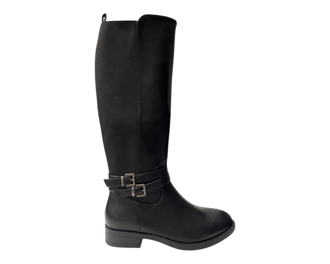 Faux Leather Knee High Elastic Panel Flat Sole Boots