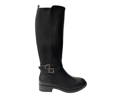 Faux Leather Knee High Elastic Panel Flat Sole Boots