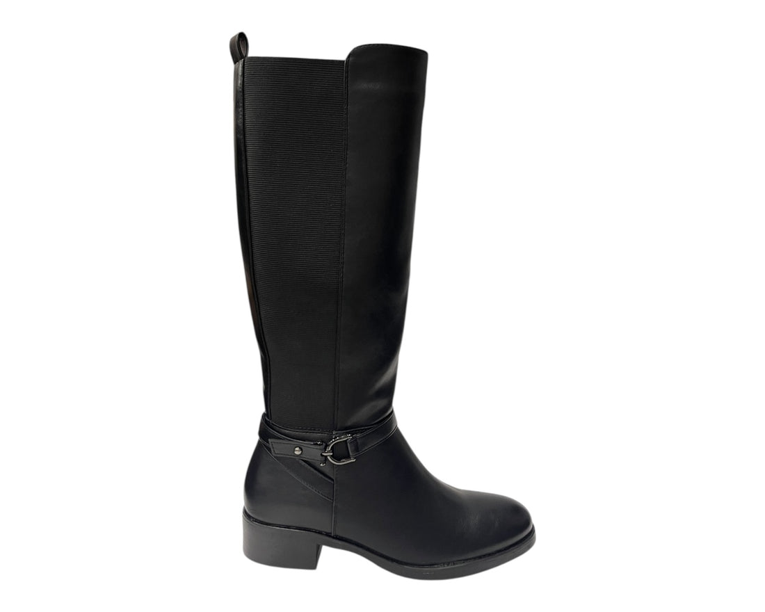 Knee High Faux Leather Elastic Panel Flat Sole Boots