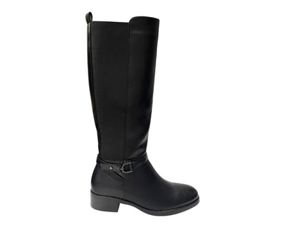 Knee High Faux Leather Elastic Panel Flat Sole Boots