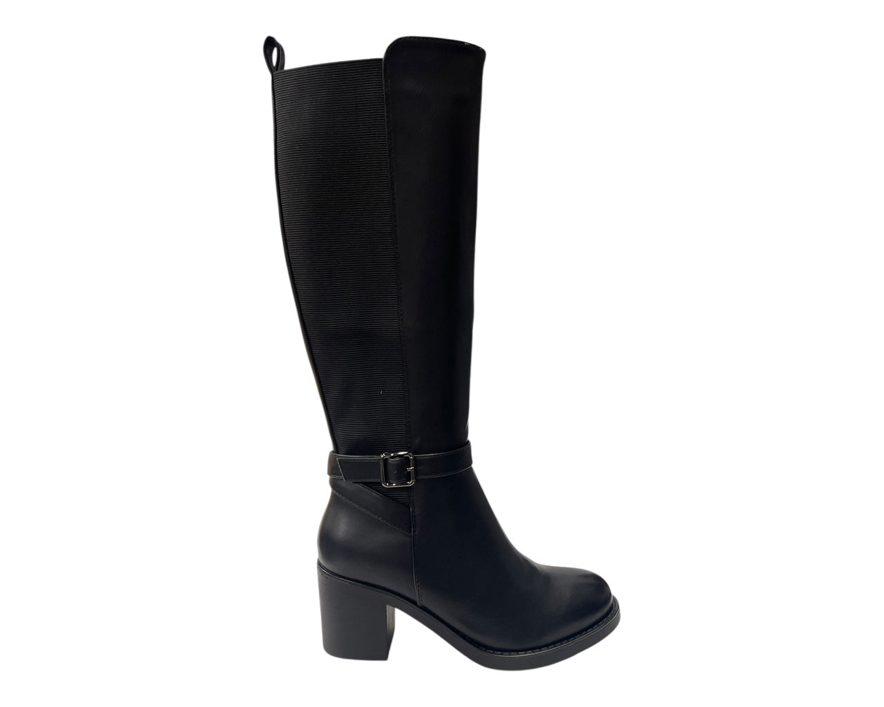 Stretch Panels Faux Leather Zip Knee High Boots