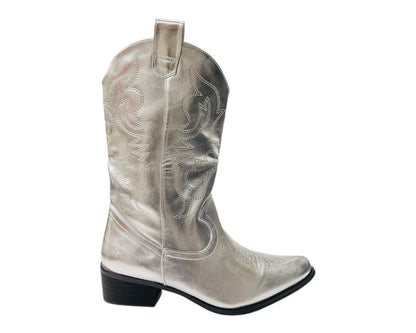 Mid Calf Embroidered Faux Patent Leather Cowboy Boots