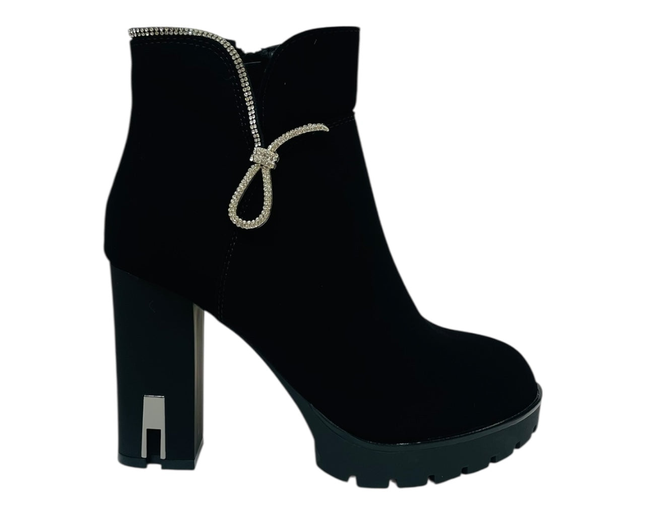 Diamante Faux Suede Block Heel Zip Ankle Boots