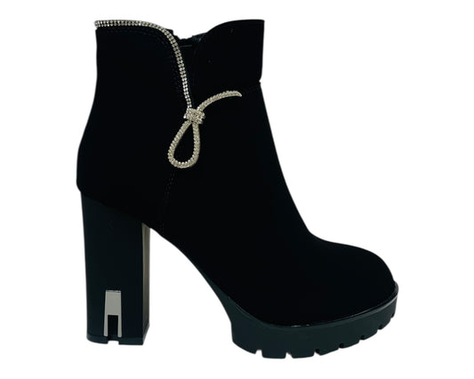 Diamante Faux Suede Block Heel Zip Ankle Boots