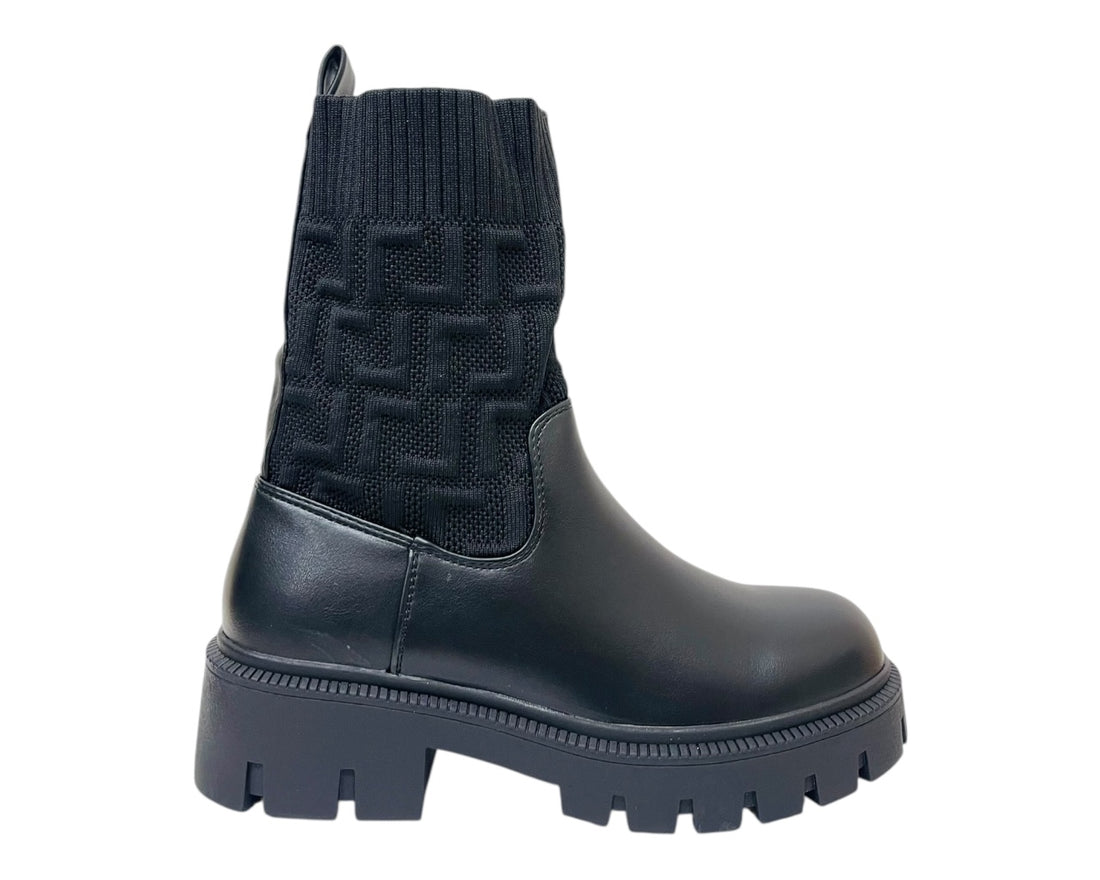 Chunky Sole Faux Leather Knitted Ankle Boots