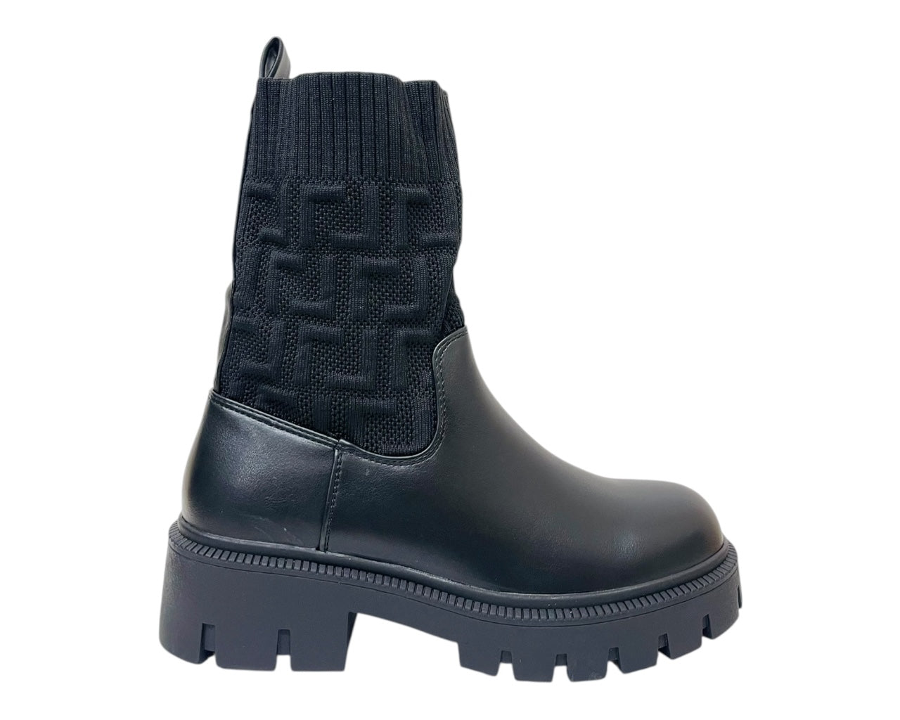 Chunky Sole Faux Leather Knitted Ankle Boots