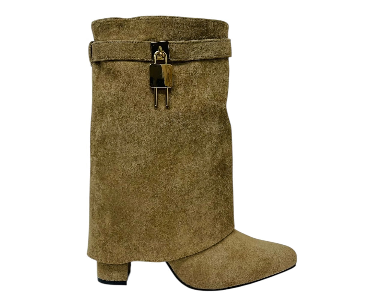 Faux Suede Fold Over Padlock Ankle Boots