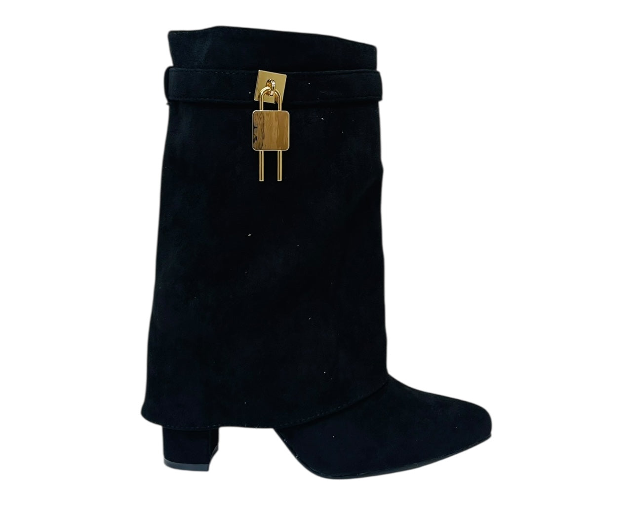 Faux Suede Fold Over Padlock Ankle Boots