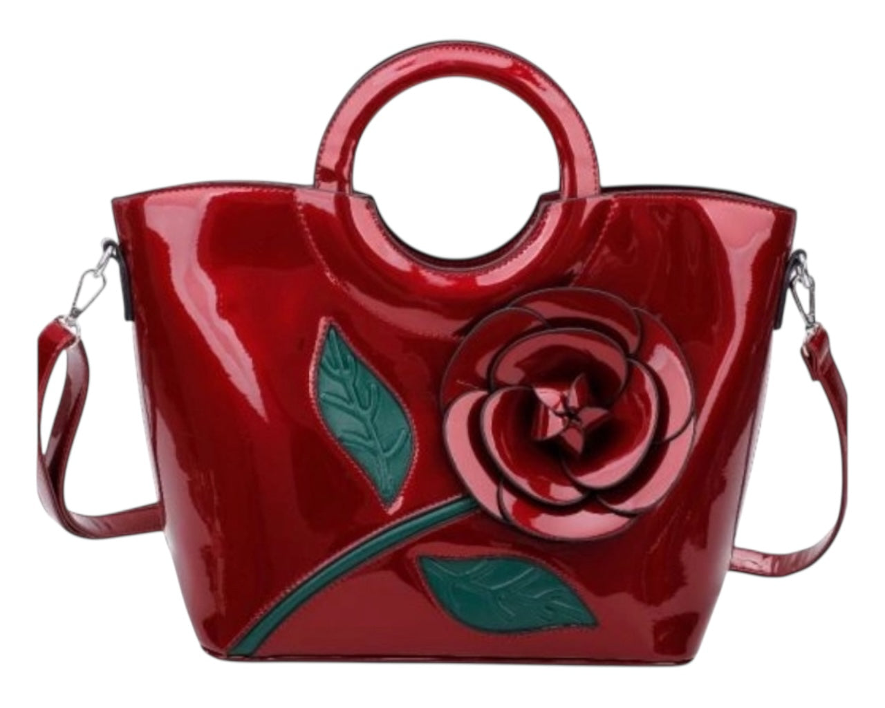 Faux Patent Floral Embellished Top Handles Large Shoulder Bag